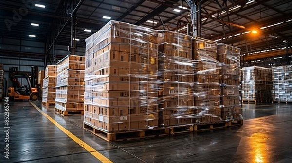 Obraz Large cargo shipment pallets stacked high with cardboard boxes wrapped in plastic, hand pallet truck nearby at a busy warehouse dock, bright industrial lighting, logistics and transport