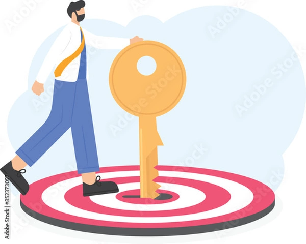 Fototapeta Key Performance Indicators. The key to success and achieving business targets. Entrepreneurs use the golden key to get to their targets and unlock business success. flat cartoon illustration. concept
