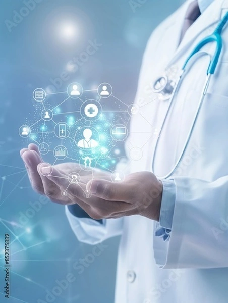 Fototapeta A digital health data doctor hovers above it, symbolizing the integration of technology in medical care