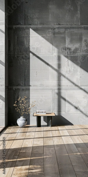 Obraz Minimalist room with minimal arrangements, wooden panels and copy space in grey contrasting colors. Residential Real Estate interior design composition for ads