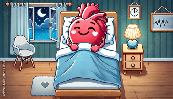 Obraz anthropomorphic heart character snuggles up in bed, enjoying a restful night's sleep in a cozy bedroom