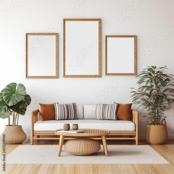 Fototapeta A modern living room with a plush sofa and stylish furniture creates a comfortable and inviting space
