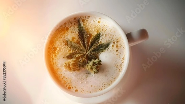 Fototapeta Aromatic Cannabis Latte with Frothy Milk on White Background