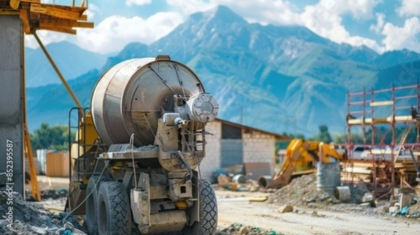Fototapeta Electric cement mixer at construction site with mountain backdrop Close up shot Focus on mixer Empty space available