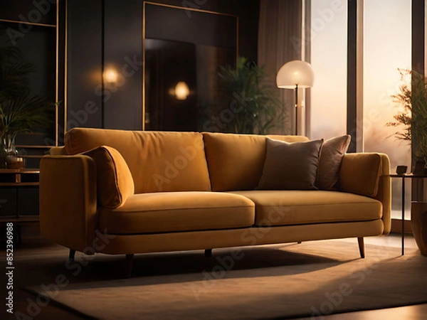 Fototapeta Light-filled modern living room with a comfy sofa and stylish furniture creates an inviting atmosphere