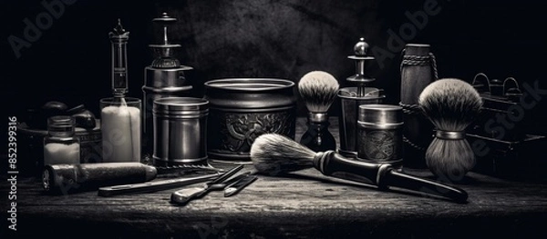 Obraz On a black dusty surface are old barber tools.