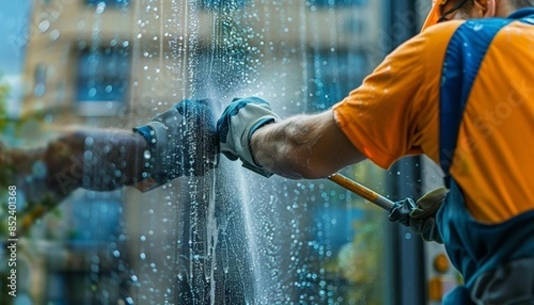 Fototapeta The close-up image shows a worker performing a window cleaning service with great care and focus