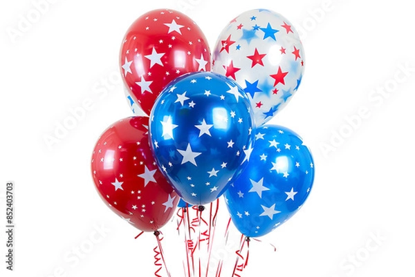 Fototapeta balloons decorated with stars and stripes in vibrant red, white, and blue, floating gently, isolated on a white PNG