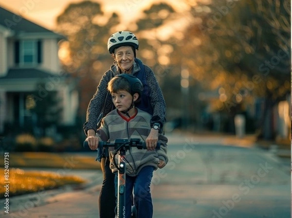 Fototapeta Stunning high resolution photos of a 14 year old son riding his mom on an electric scooter. Photos that capture the essence of the moment. Family