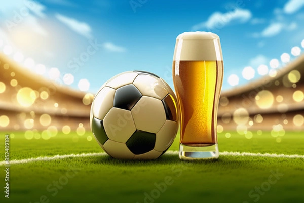 Fototapeta Beer and soccer ball on bokeh blur soccer stadium with copy space.  For sports marketing, posters, social media graphics, website banners, ads.	 International Beer Day