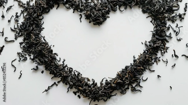 Fototapeta Top view of heart shaped frame with dried tea leaves on white background with room for messages