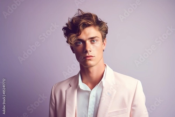 Obraz A man in a pink suit and white shirt is standing in front of a purple background