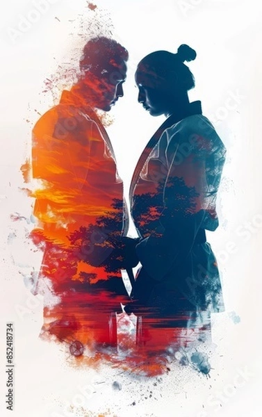 Fototapeta Two martial artists facing each other in a double exposure image.
