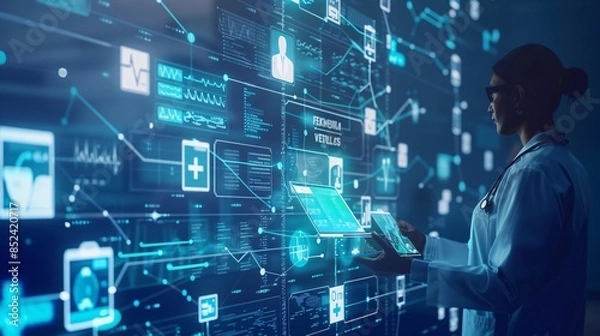 Fototapeta A woman is looking at a computer screen with a lot of information on it