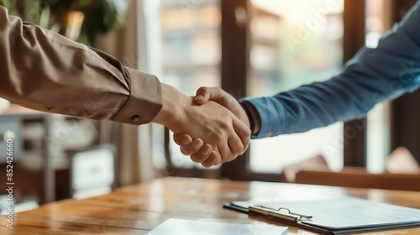Obraz Two people are shaking hands over a wooden table, symbolizing a successful business agreement or partnership. A clipboard and documents are visible in the background.