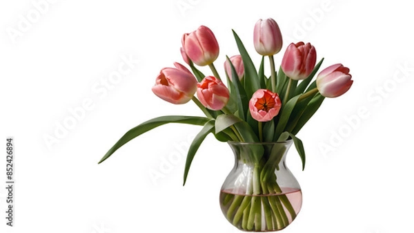 Obraz bouquet of tulips. pink tulips in vase on isolated transparent or white backgroud, png
