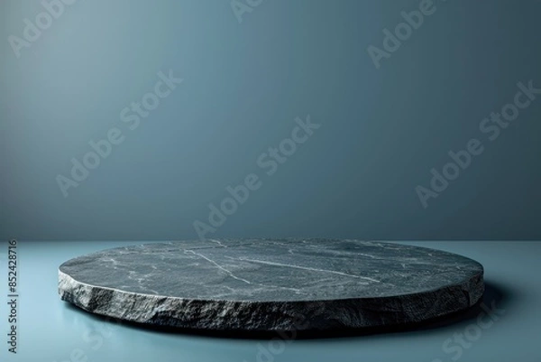 Fototapeta Empty black stone table top, desk or shelf isolated on dark pale blue background