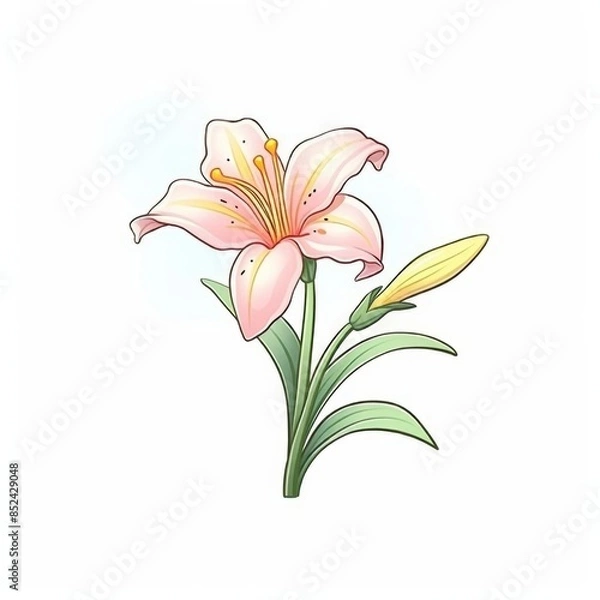 Fototapeta A beautiful hand drawn vector illustration of a pink lily flower with a yellow center and green leaves isolated on a white background.