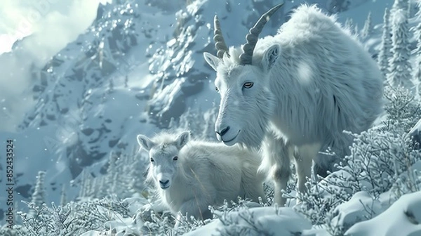 Obraz Adult mountain goat with a kid near a snow tree very detailed and realistic shape