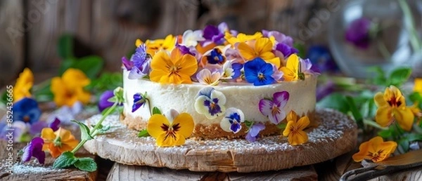 Fototapeta Close up of a cheesecake with flowers