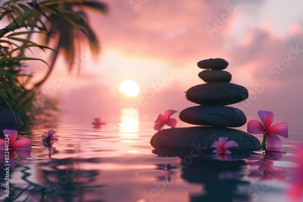 Fototapeta A zen stone stack elegantly positioned in calm waters, with a soft sunset and tropical flowers in the background.