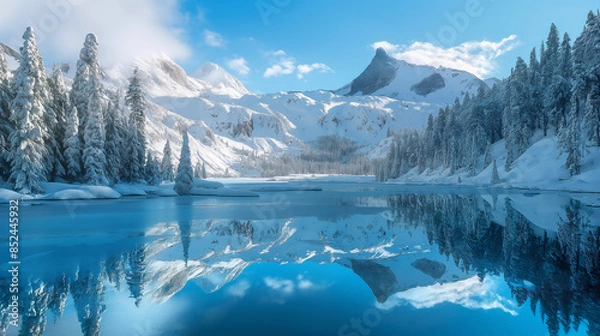 Fototapeta Frozen lake reflecting snowy mountains and evergreen forest