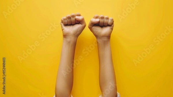 Fototapeta Raised Fists on Bright Yellow Background - Symbol of Strength and Unity