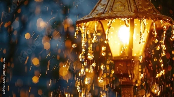 Fototapeta a golden street light with water pouring down from it, illuminated in the style of the warm glow of its lamp at night. The raindrops create an ethereal and serene atmosphere in front of the lamp's lig