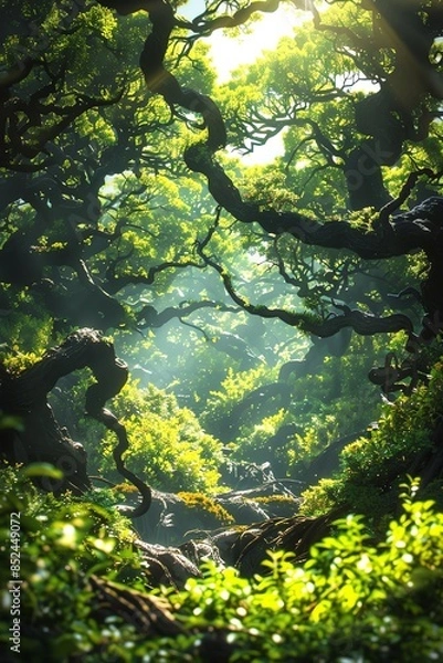 Fototapeta Enchanted forest with ancient, twisted trees and lush greenery, bathed in dappled sunlight