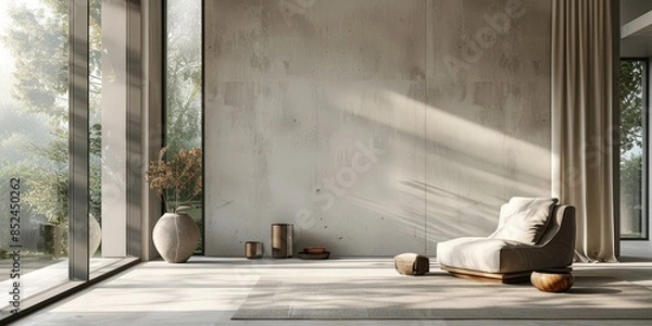 Fototapeta Minimalist Living Room with Large Windows and Concrete Wall