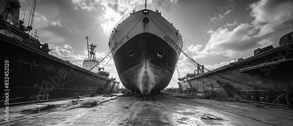 Fototapeta Monochrome image of a large vessel in dry dock, backlit by a setting sun, with industrial cranes in the background.