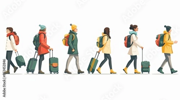 Obraz Set of tourists and travelers and airport illustrations, flat vector illustration of tourists dragging luggage, traveler, airport, airport management, tourist dragging luggage, suitcase