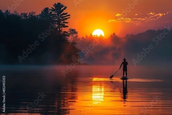 Fototapeta Serenity at Sunrise: Stand Up Paddleboarding on a Calm Lake for Peaceful Outdoor Reflection