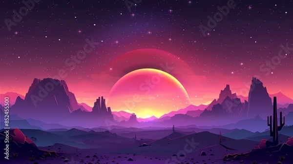 Fototapeta A digital artwork of a desert sunset with a large mountain range in the distance, a starry sky, and a vibrant purple and pink color scheme