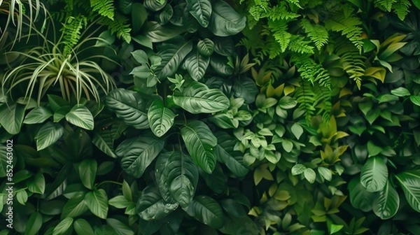 Fototapeta A lush green wall of various plants, creating a natural and vibrant background.