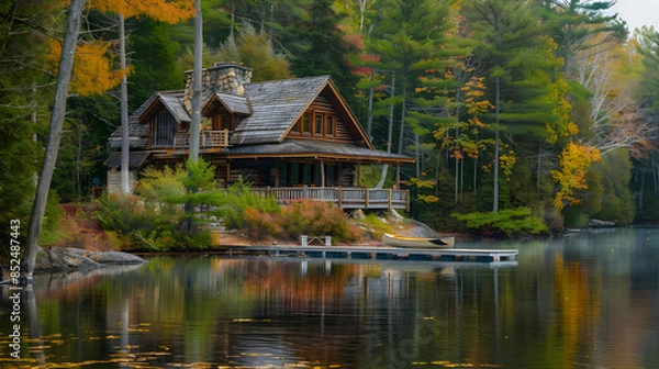Obraz Autumnal Cabin by the Lake - A Realistic Photo