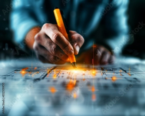 Fototapeta Close-up of a hand holding a glowing orange pen, drafting architectural plans with a futuristic touch on a digital interface.