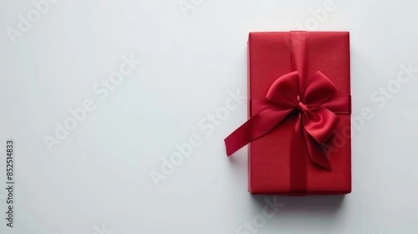 Fototapeta Red gift with golden bow on white background. Close up. Top view. High resolution product
