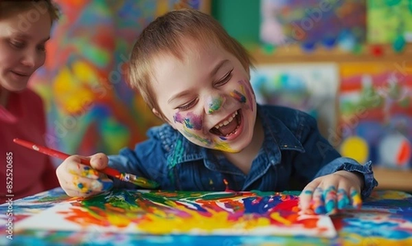 Obraz child special needs joyfully painting canvas colorful paint indoor art class