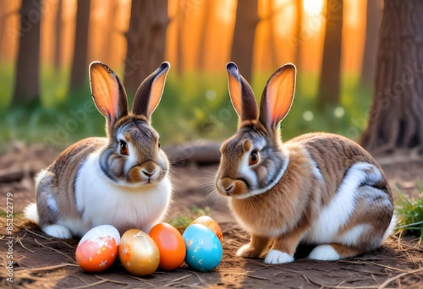 Fototapeta Two rabbits sitting next to easter eggs on a forest background