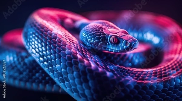 Fototapeta Snake in neon blue and pink light on black background. Symbol of 2025 