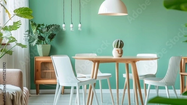 Fototapeta Mint color chairs at round wooden dining table in room with sofa and cabinet near green wall. Scandinavian, mid-century home interior design of modern living room.