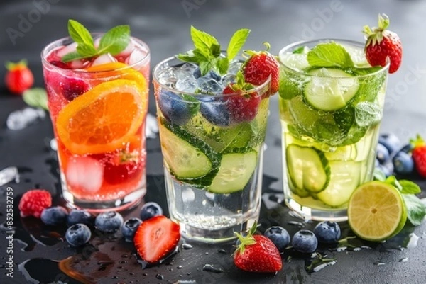Obraz Assorted Fresh Fruit Drinks and Vegetables On Ice