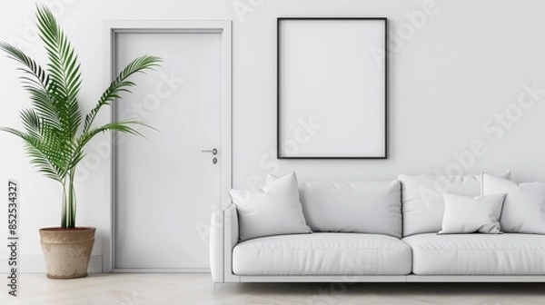 Fototapeta Contemporary white living room design, empty frames on the wall, inviting sofa with cushions, and a vibrant potted palm plant seen through an open door, exemplifying home staging
