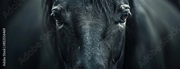 Fototapeta Close-up of a black horse's face, highlighting its intense gaze and detailed features. Perfect for animal, equine, and nature themes.
