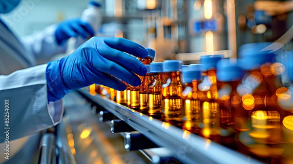 Obraz Gloved hands handling medicine bottles in a pharmaceutical factory, ensuring precision and safety.