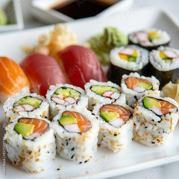 Fototapeta A plate of assorted sushi rolls with fresh salmon, tuna, avocado, and cucumber. Garnished with pickled ginger, wasabi, and soy sauce. 