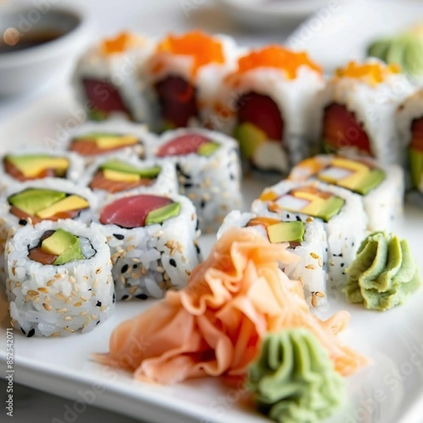 Fototapeta A plate of assorted sushi rolls with fresh salmon, tuna, avocado, and cucumber. Garnished with pickled ginger, wasabi, and soy sauce. 