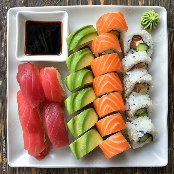 Fototapeta A plate of assorted sushi rolls with fresh salmon, tuna, avocado, and cucumber. Garnished with pickled ginger, wasabi, and soy sauce. 
