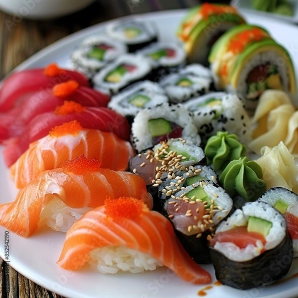 Fototapeta A plate of assorted sushi rolls with fresh salmon, tuna, avocado, and cucumber. Garnished with pickled ginger, wasabi, and soy sauce. 
